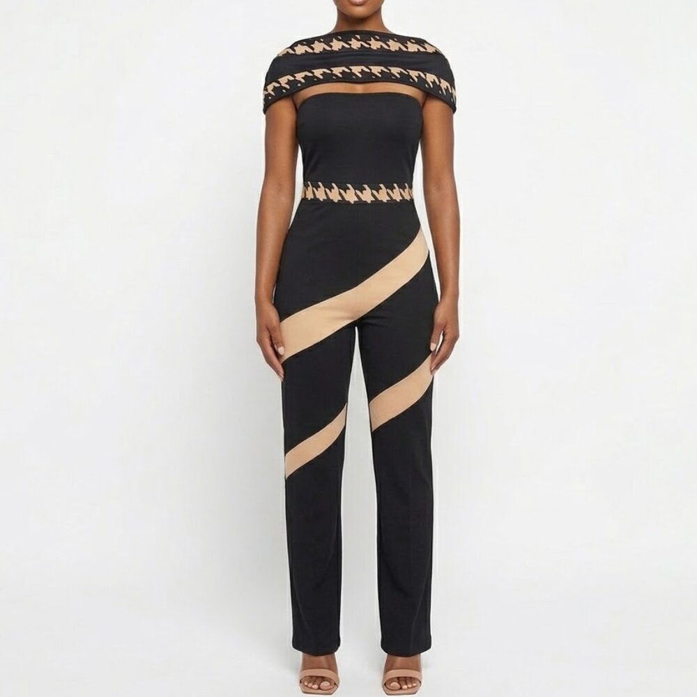 Loragal Baddie Houndstooth Colorblock Cold Shoulder Jumpsuit XL